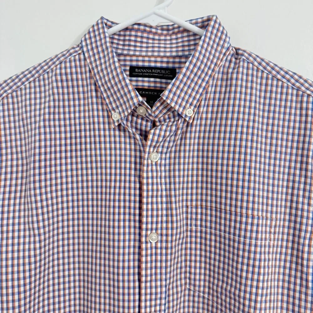 Banana Republic Mens M Checkered Dress Shirt Cotton Oxford CAMDEN Fit Blue white